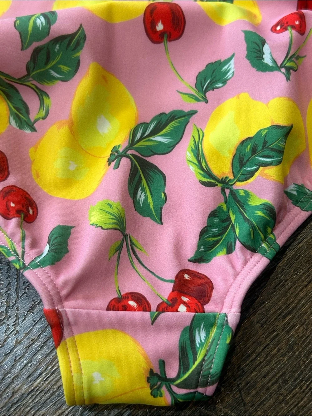 Mini Boden Pink One-Piece Swimsuit with Yellow Lemon & Red Cherry Print 9-10
